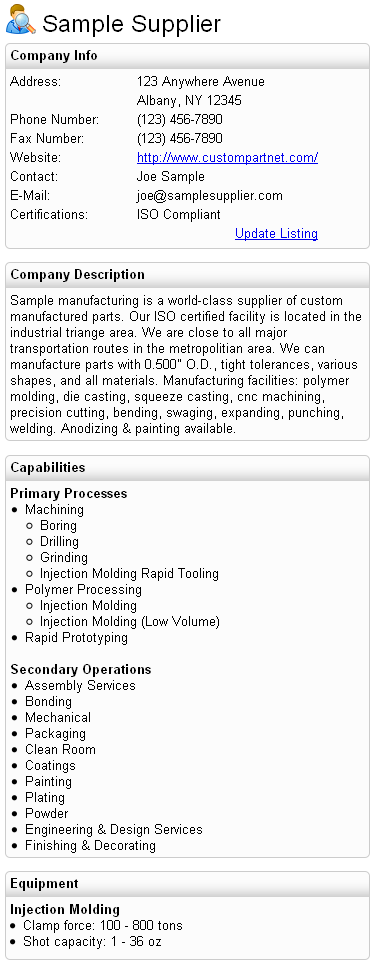 Sample supplier profile